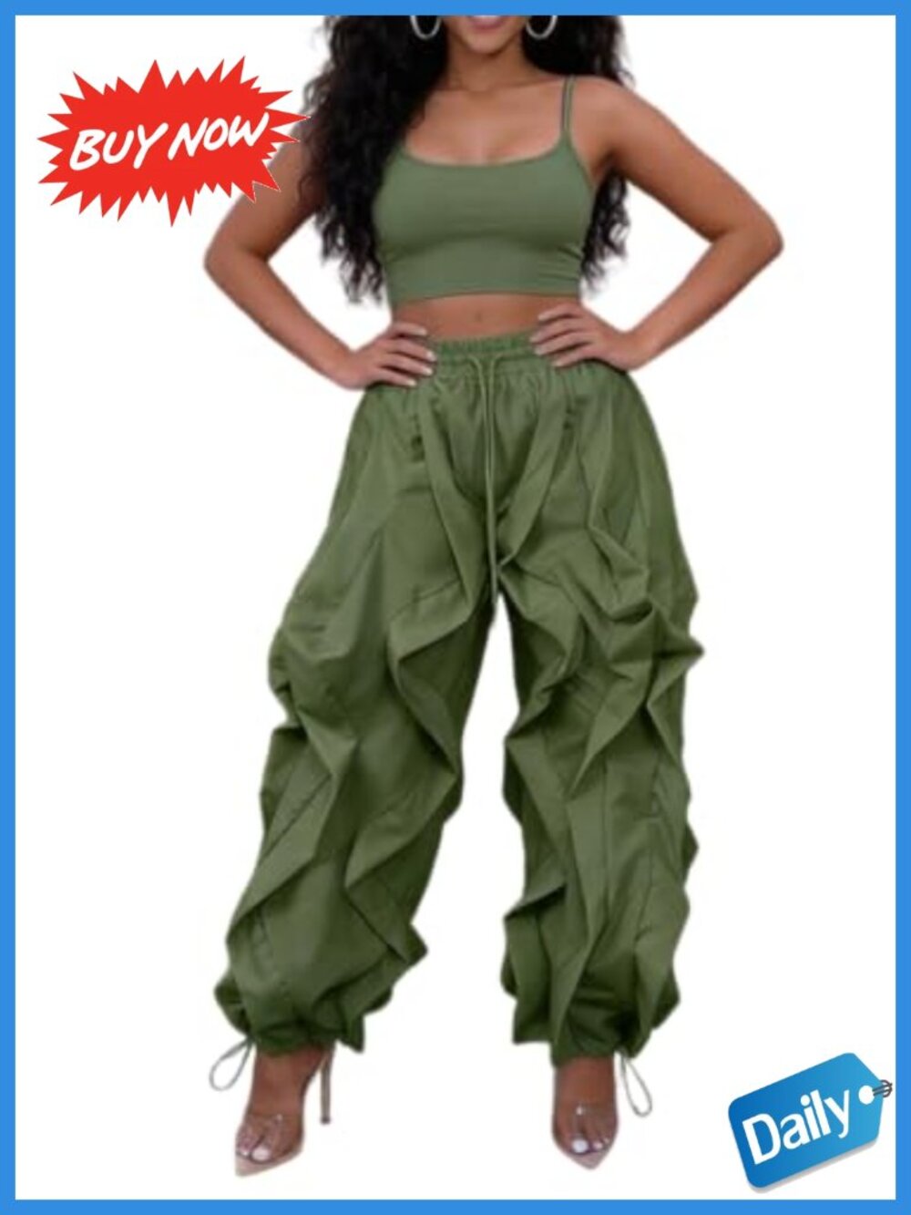 Women Baggy Cargo Pants Parachute Ruffle Wide Leg Drawstring Harem